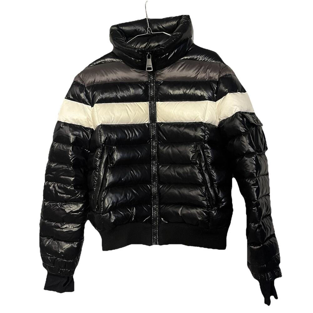 SAM New York Womens Starburst Down Puffer Jacket Black Gray White XL